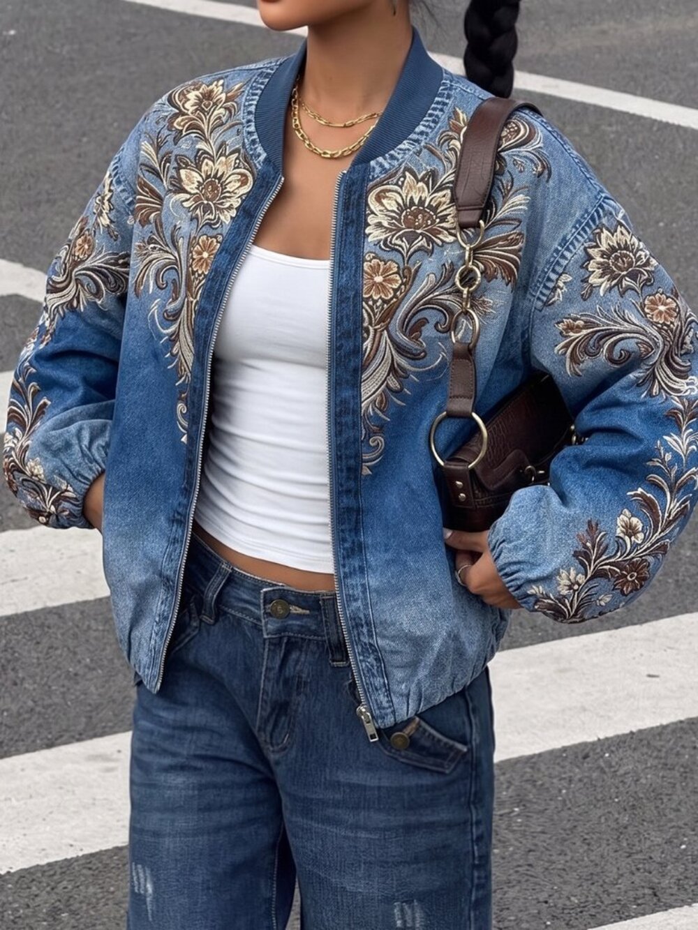 Blue Casual Women's Elegant Floral Print Loose Fit Zip-Front Denim Jacket